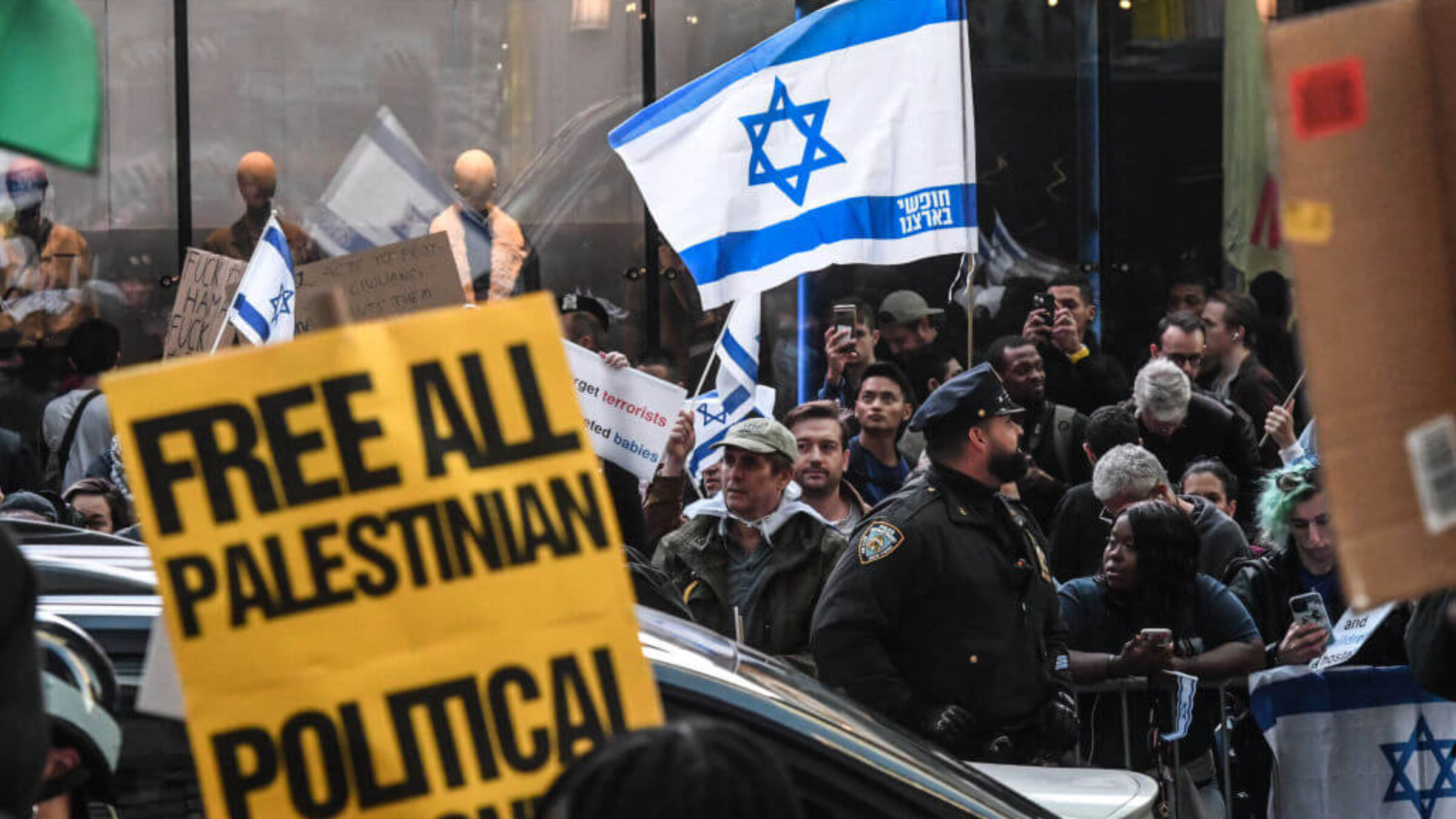 Pro-Israel activists counter demonstrate a Pro-Palestinian rally in New York City.