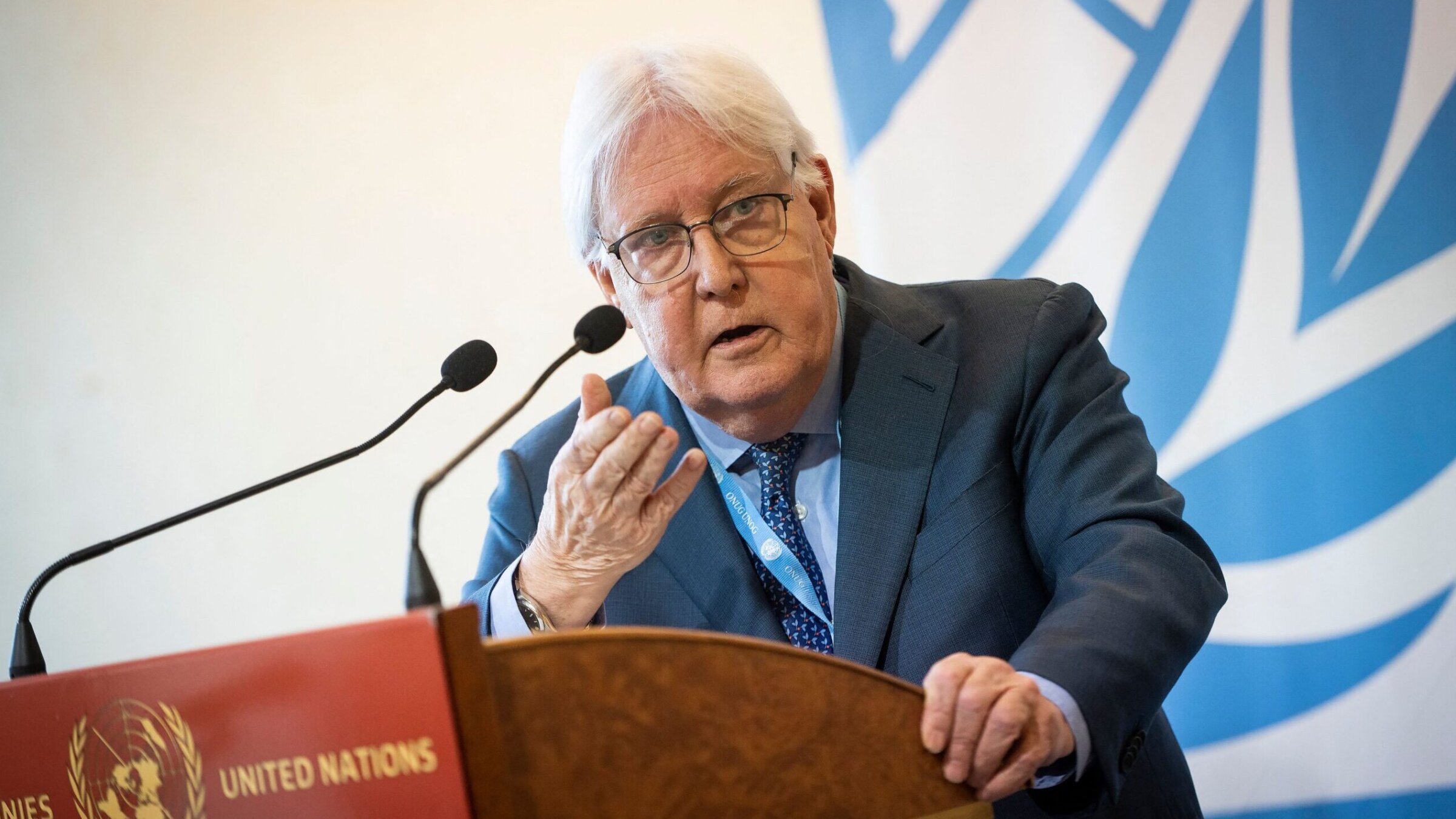 United Nations Under-Secretary-General for Humanitarian Affairs and Emergency Relief Coordinator Martin Griffiths speaks during a press conference on the situation in Gaza, at UN Building in Geneva, on Nov. 15, 2023. (Jean-Guy Python/AFP via Getty Images)