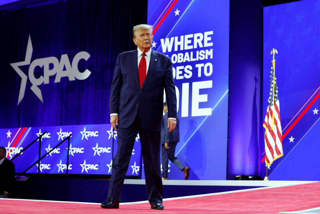 Former President Donald Trump arrives at CPAC on Feb. 24, 2024.