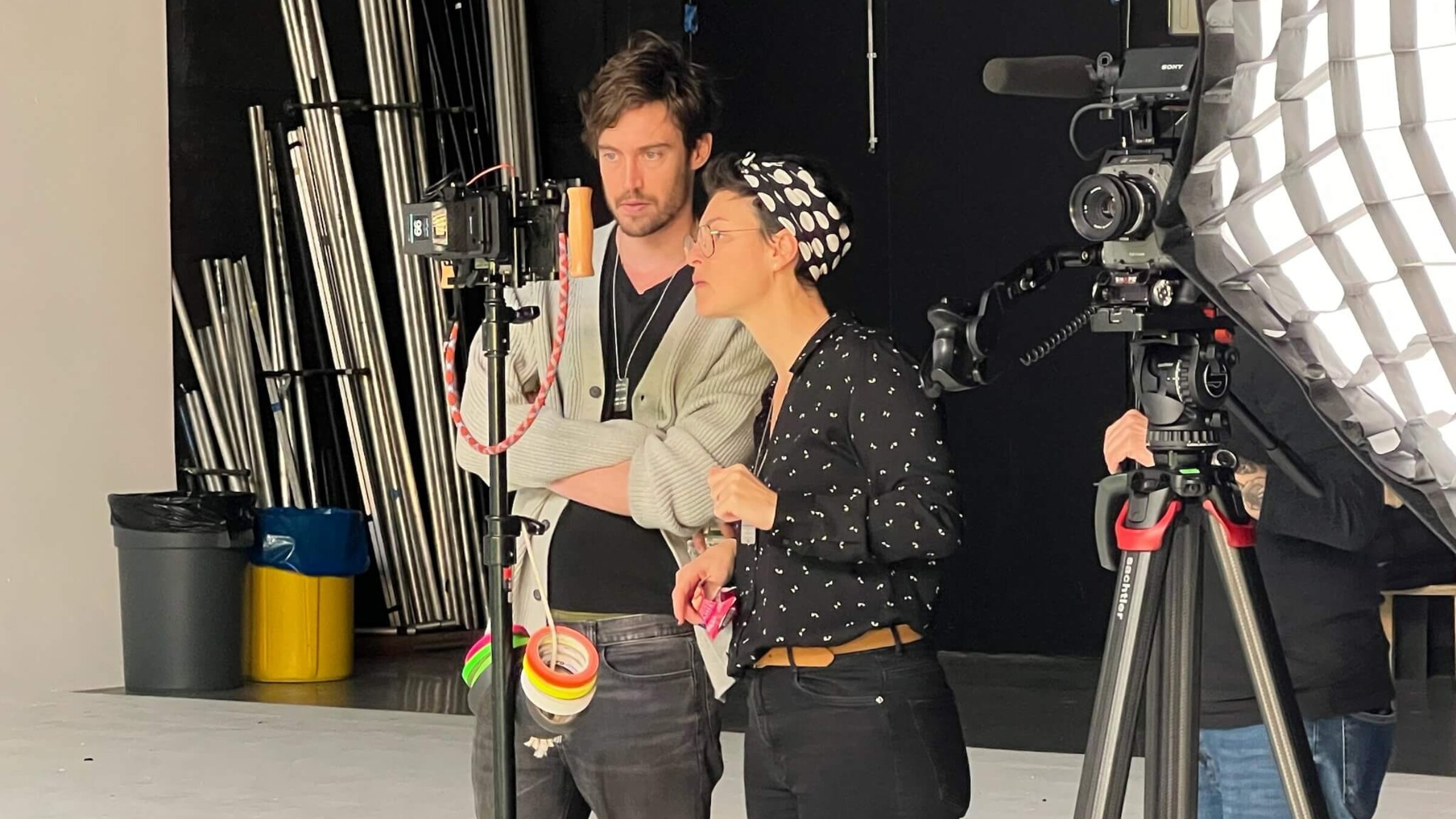 Tel Aviv Filmmakers Dani Schoffman, <i>left</i>, and Ruth Berdah-Canet on set in January filming a short video seeking hostages' release.