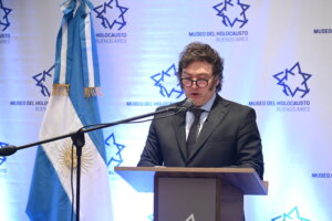 Argentinian President Javier Milei speaks at an event marking International Holocaust Remembrance Day at the Holocaust museum in Buenos Aires, Jan. 26, 2024.