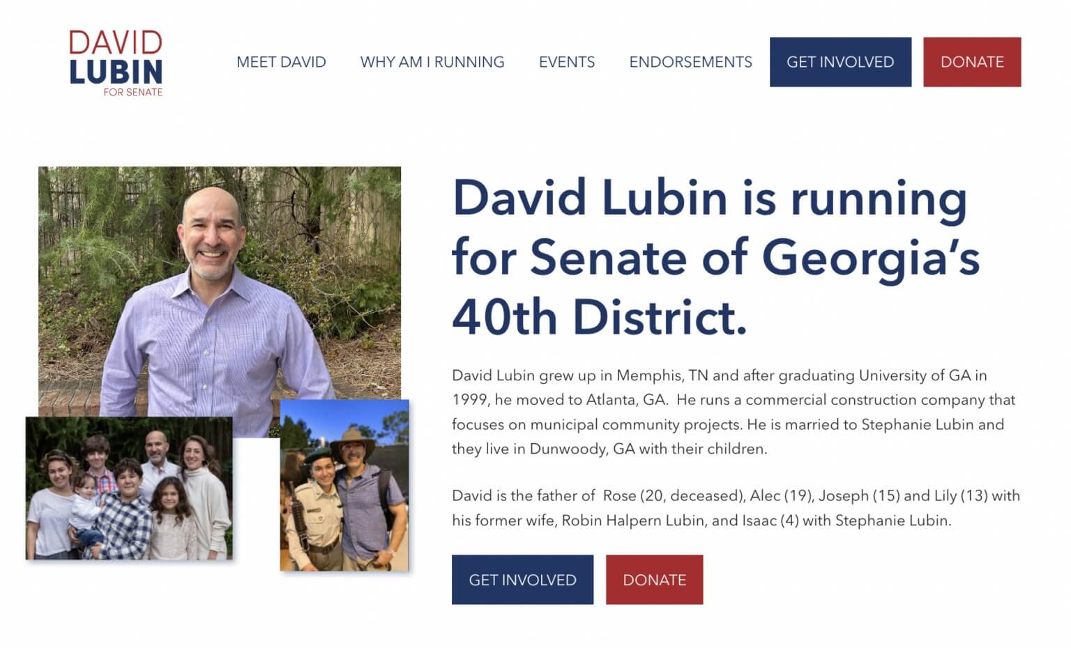 David Lubin is running for state Senate in Georgia. His daughter Rose, who was killed in a terror attack in Jerusalem in 2023, is visible in the family photo on his campaign website. 
