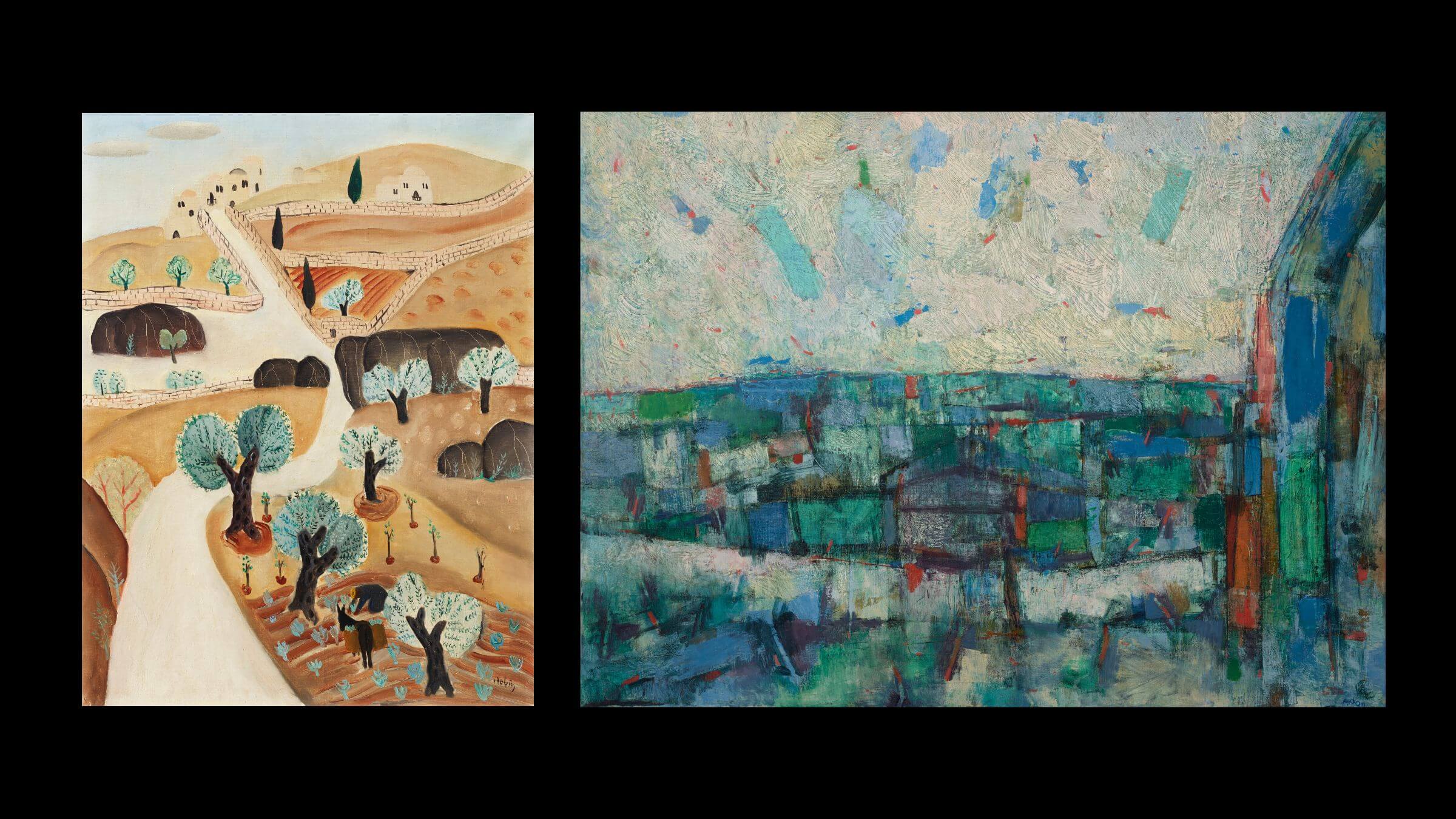 From left, Reuven Rubin’s <i>Olive Trees in the Galilee</i>, and  Mordechai Ardon’s <i>A View of the Western Wall</i>, are on view at Christie's auction house in New York through March 1 as part of an exhibition of Israeli art never before shown outside the country.