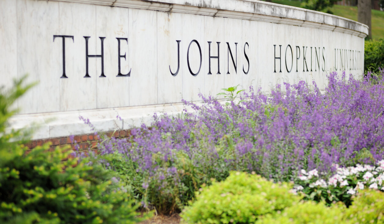 Close up of sign for The Johns Hopkins University in Baltimore, Maryland. 