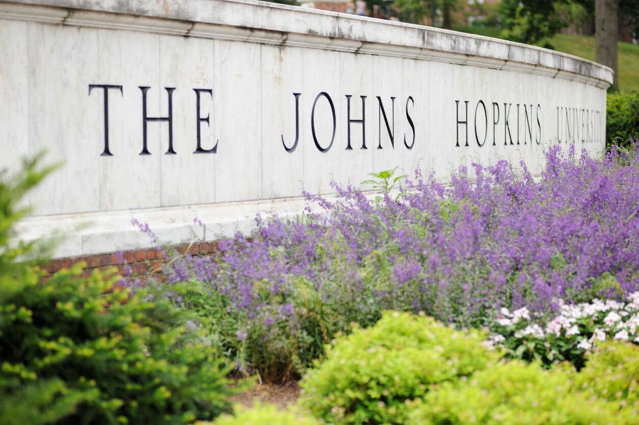 Close up of sign for The Johns Hopkins University in Baltimore, Maryland. 
