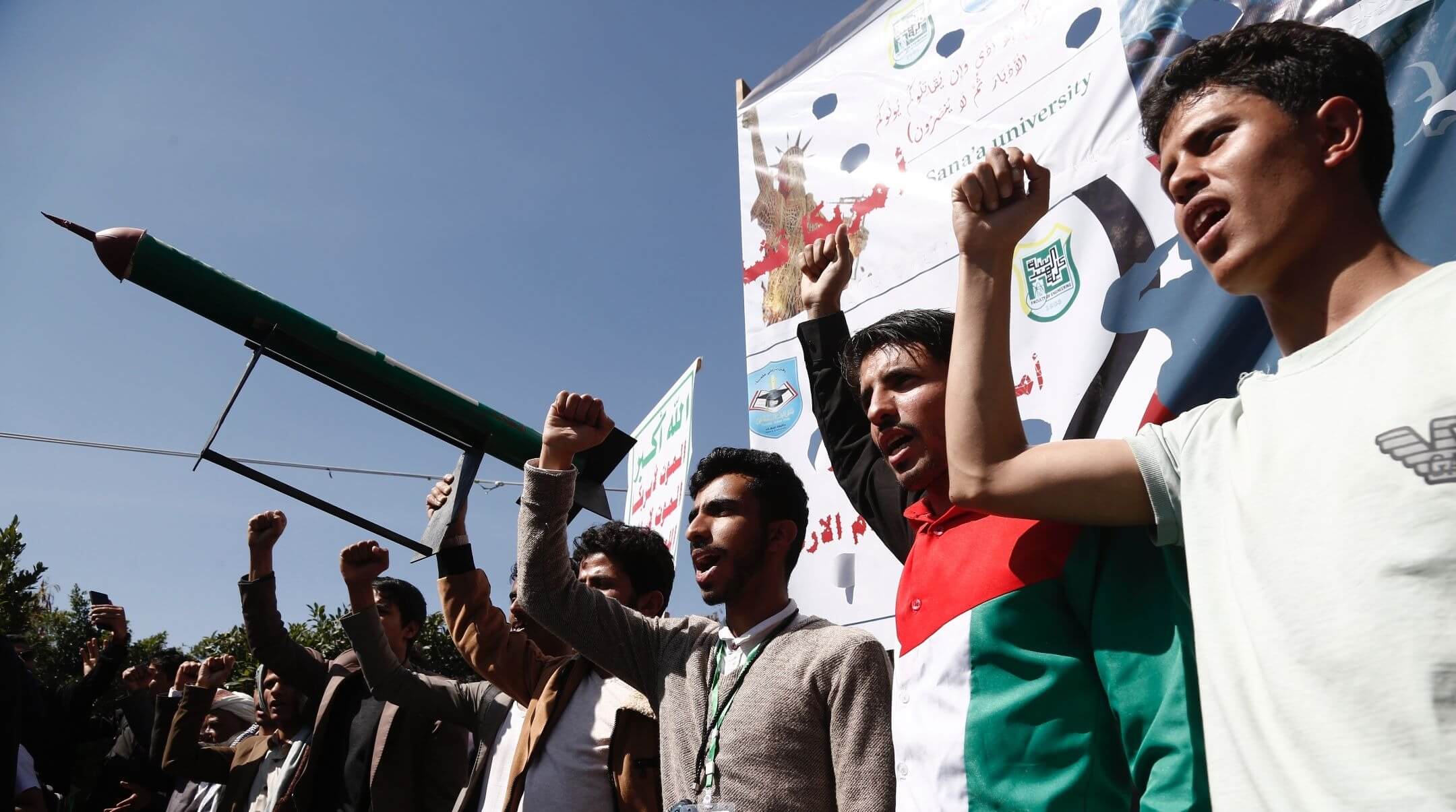 Yemenis including university academics and students chant slogans as they protest against the U.S.-U.K. airstrikes on Yemen, and in solidarity with Palestinians, in Sana'a, Yemen, Jan. 31, 2024. (Mohammed Hamoud/Getty Images)