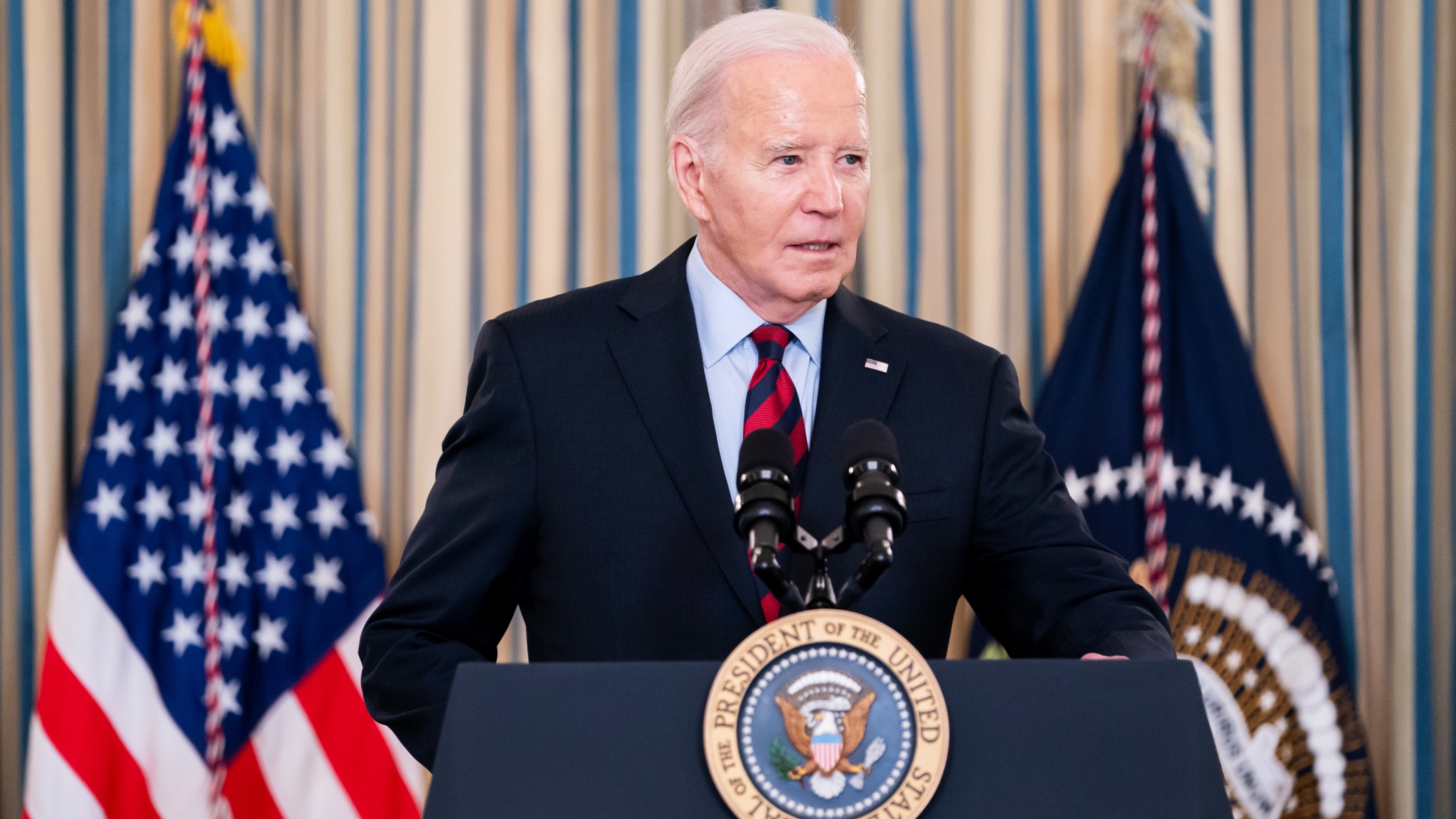 President Joe Biden speaks during a meeting with his Competition Council in the State Dining Room of the White House, March 5, 2024. (Nathan Howard/Getty Images)