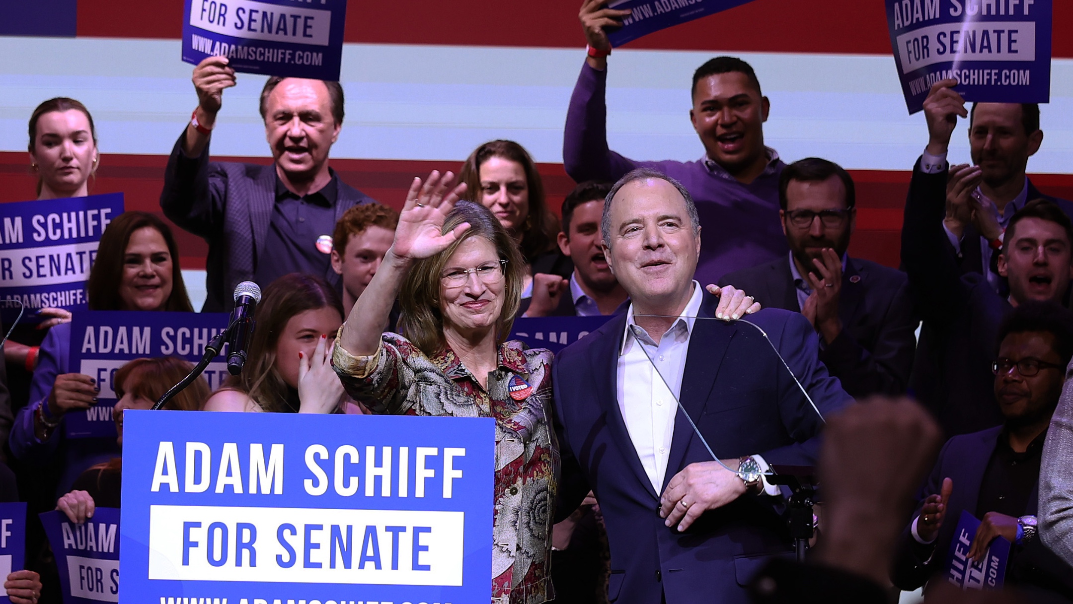 Democratic Senate candidate U.S. Rep. Adam Schiff and his wife Eve Schiff greet supporters during his California primary election night gathering at The Avalon in Los Angeles, March 05, 2024. (Justin Sullivan/Getty Images)