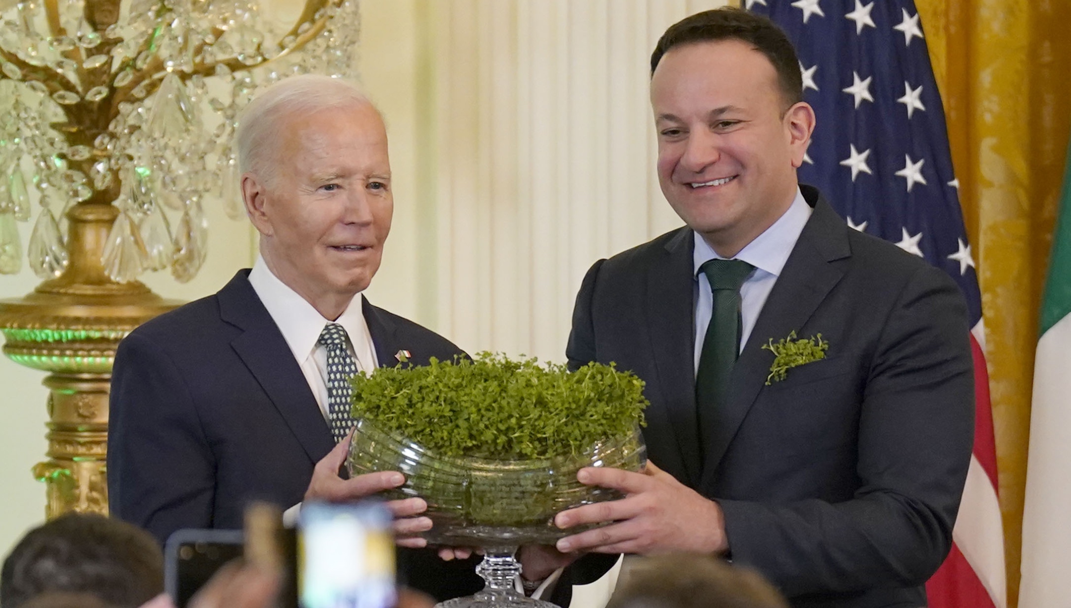 Taoiseach Leo Varadkar and US President Joe Biden during the St Patrick’s Day Reception and Shamrock Ceremony in the the East Room of the White House, March 17, 2024. (Niall Carson/PA Images via Getty Images)