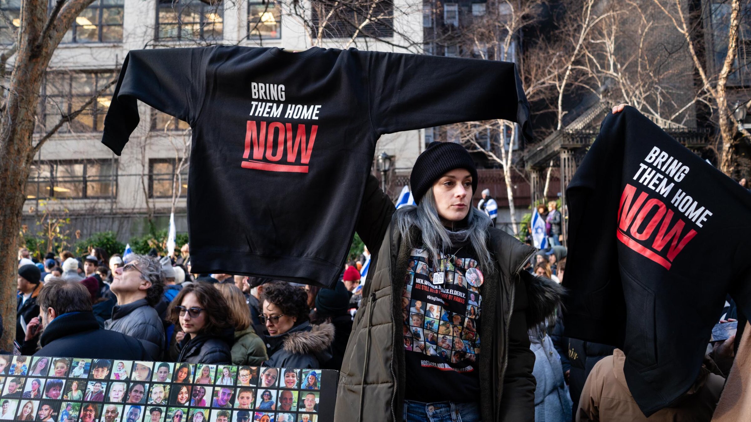 Demonstrators rally in support of Hamas hostages near the United Nations in New York City on Jan. 12. 