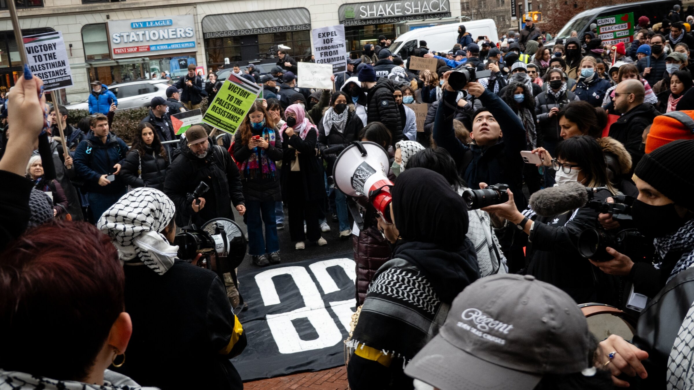 Pro-Palestinian activists outside Columbia University, February 2, 2024. (Luke Tress)