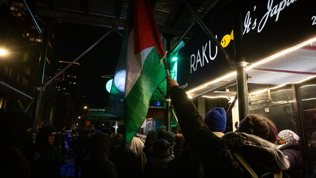 Anti-Israel activists outside a Valentine’s Day comedy show in midtown Manhattan, February 14, 2024. (Luke Tress)