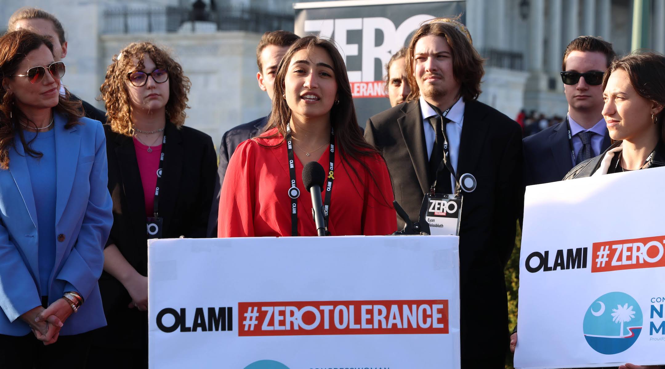 Gisele Kahalon, a Jewish senior at Drexel University working with the Orthodox college student outreach group Olami, advocates for changes to the Title VI antisemitism reporting system during a press conference outside the U.S. Capitol in Washington, D.C., March 19, 2024. She is flanked by Republican Rep. Nancy Mace of South Carolina (left), Olami staff and other Jewish college students. (Courtesy of Olami)