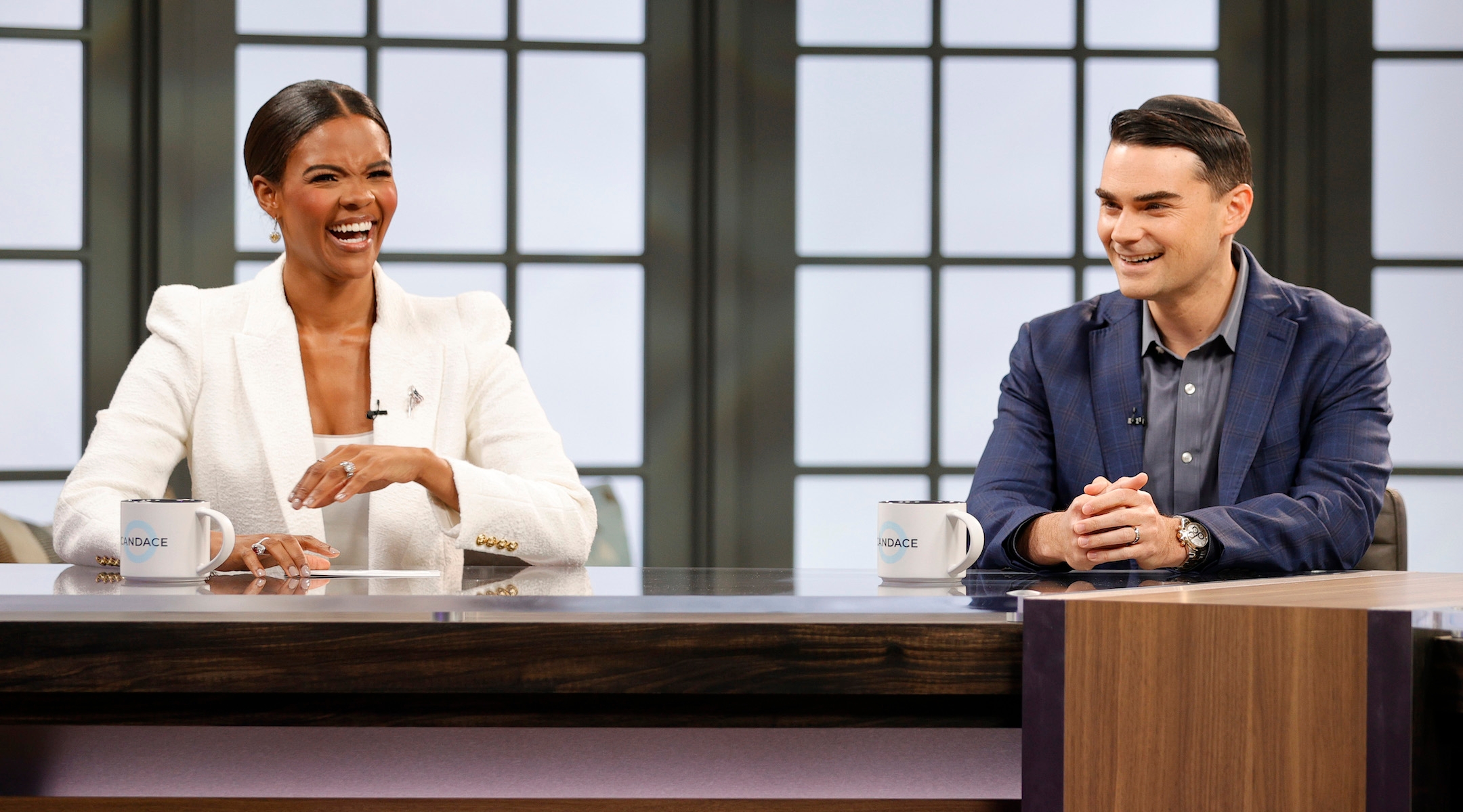 Political commentators Candace Owens and Ben Shapiro are seen on set during a taping of “Candace” on March 17, 2021 in Nashville, Tennessee. (Jason Kempin/Getty Images)