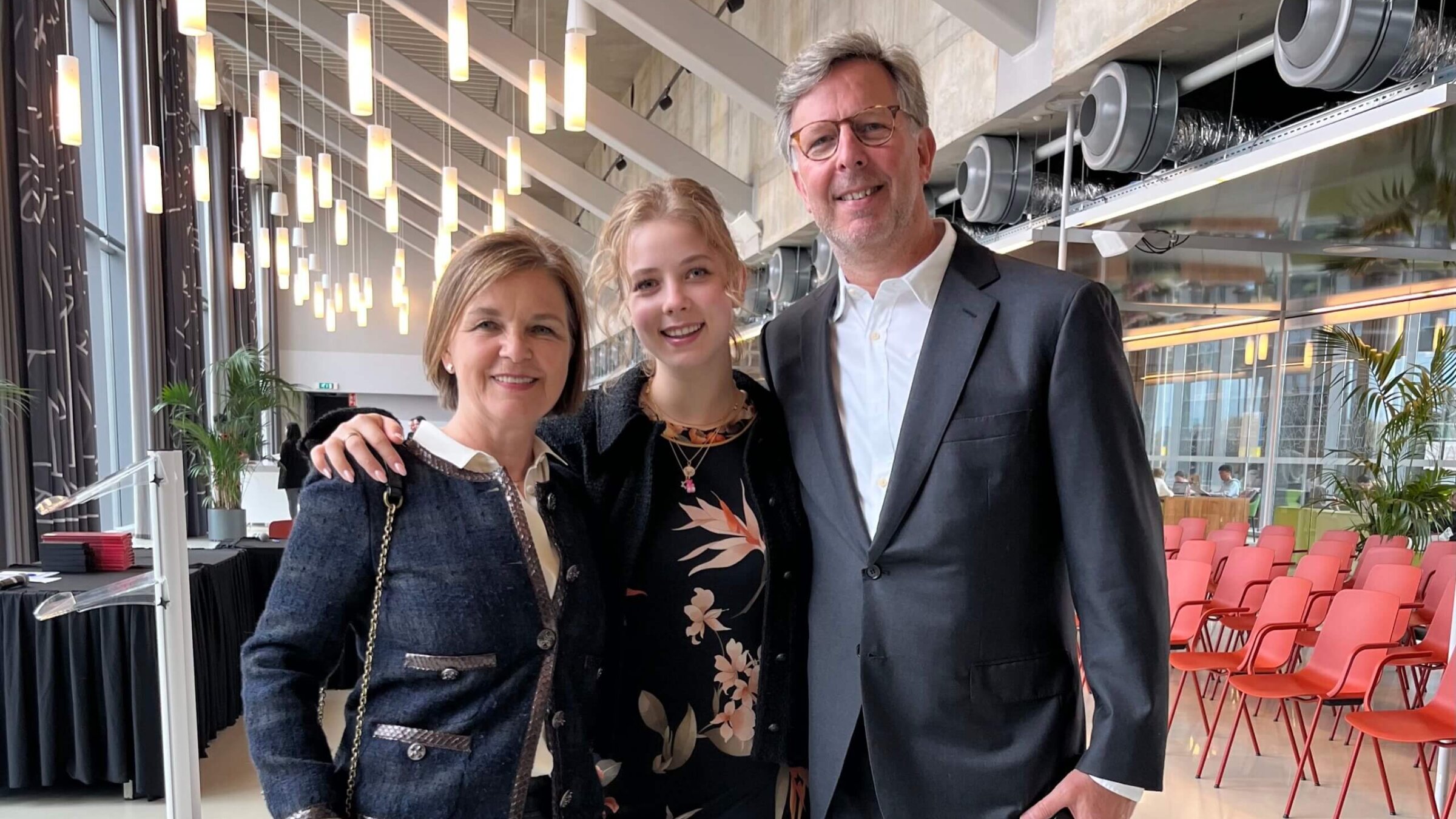 Mia Faye Kreindler with her parents, Dagmar Hesse and Richard Kreindler, at her graduation from the University of Amsterdam.