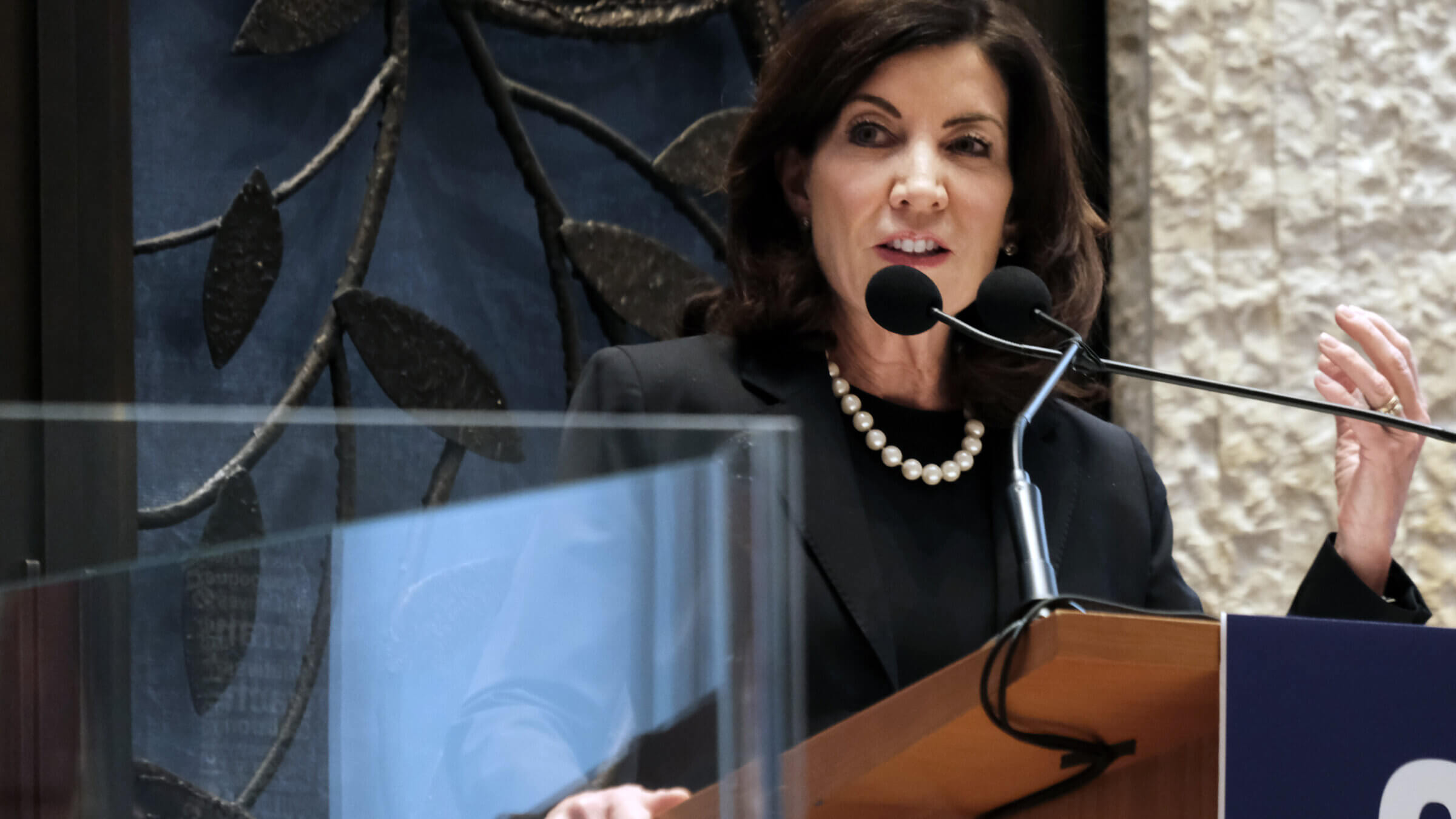 New York Governor Kathy Hochul at a conference addressing the rise in antisemitism on Dec. 12, 2022.