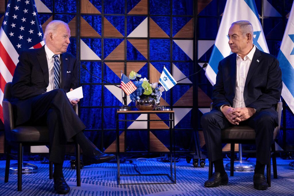 President Joe Biden (L) meets with Israel's Prime Minister Benjamin Netanyahu on Oct. 18, 2023. 