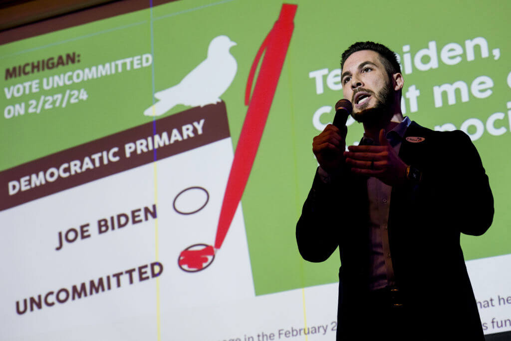 Abdullah Hammoud, mayor of Dearborn, speaks during an election night gathering hosted by Listen to Michigan on Feb. 27. 