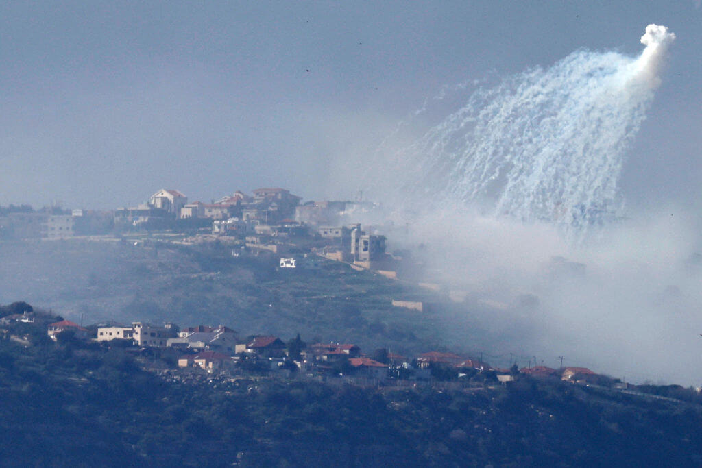 A picture taken from northern Israel, along the border with southern Lebanon on March 4, 2024, shows smoke billowing following Israeli bombardment on the Lebanese village of Markaba.