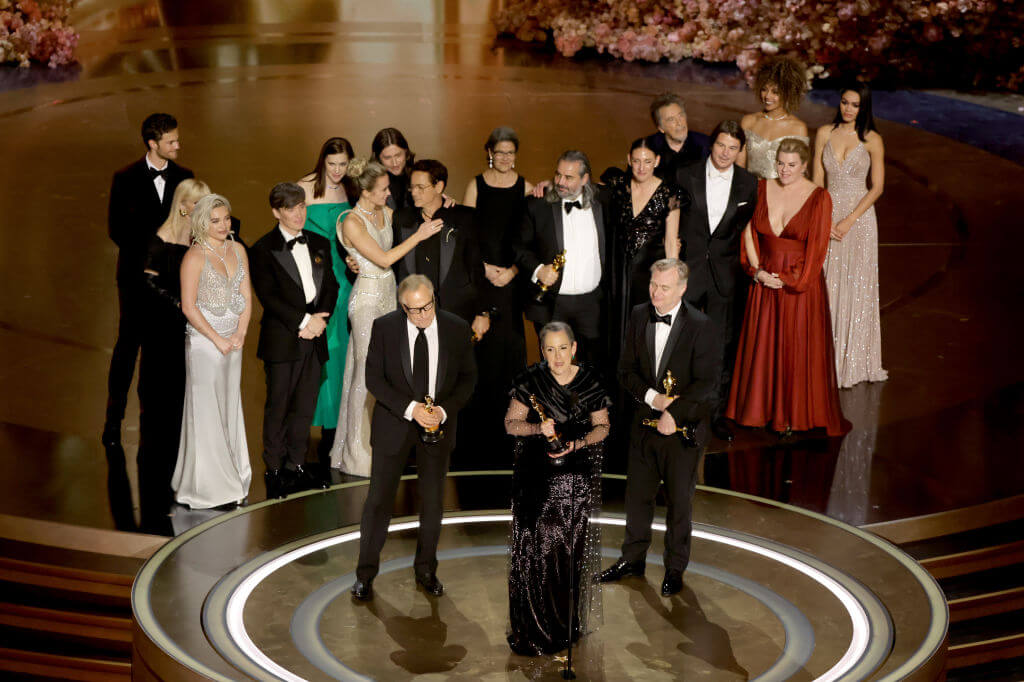 Cast and crew of 'Oppenheimer' take the stage to celebrate the film's final win, for Best Picture. 