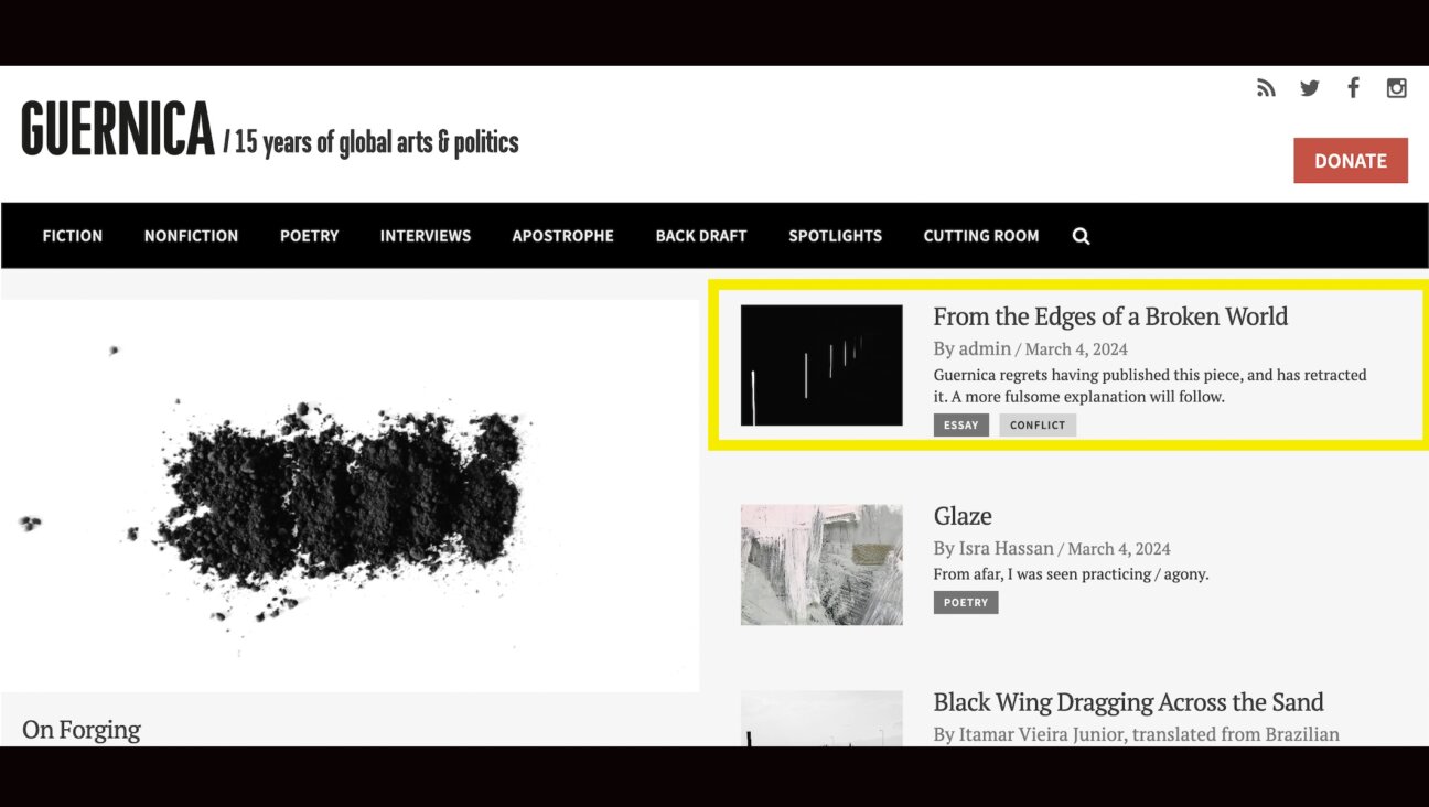 The website of Guernica, a literary magazine, shows the retracted essay by Israeli translator Joanna Chen. (Screenshot)