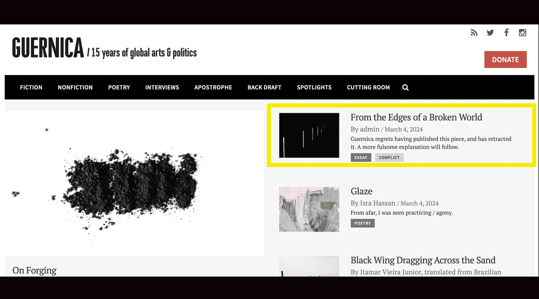The website of Guernica, a literary magazine, shows the retracted essay by Israeli translator Joanna Chen. (Screenshot)