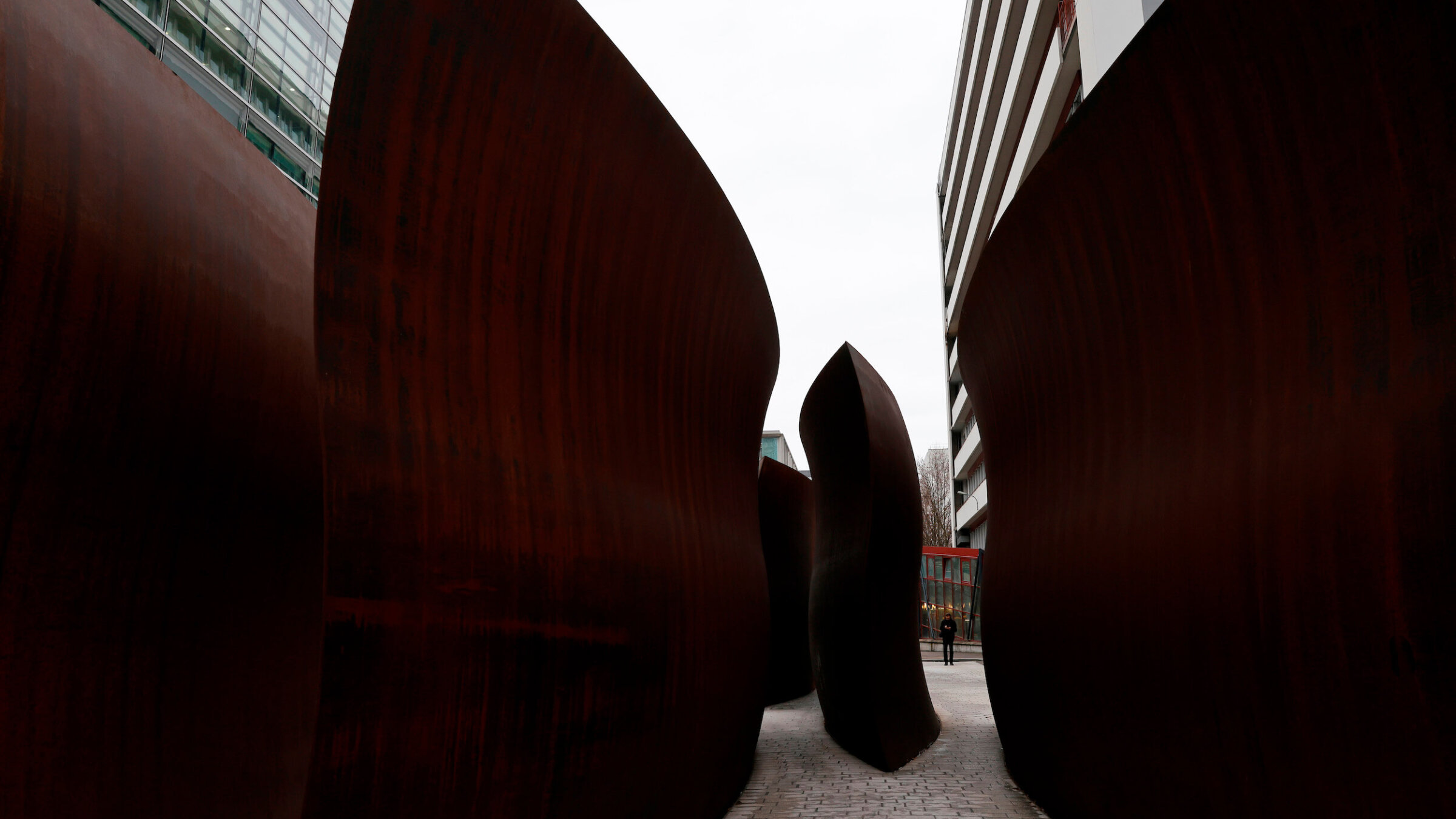 A sculpture by Richard Serra in a plaza at the Novartis AG headquarters campus in Basel, Switzerland, on Jan. 8, 2023. 
