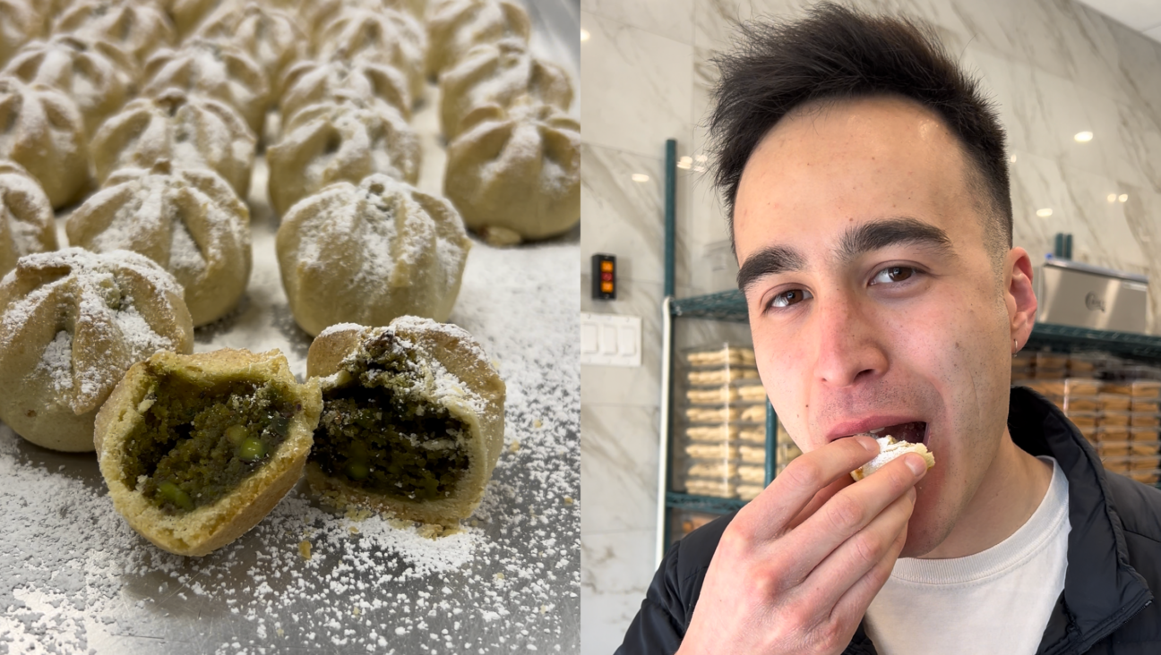 <i>Left</i>: Pistachio maamoul from Mansoura bakery. <i>Right</i>: <i>Forward</i> writer Sam Lin-Sommer eats a date maamoul.