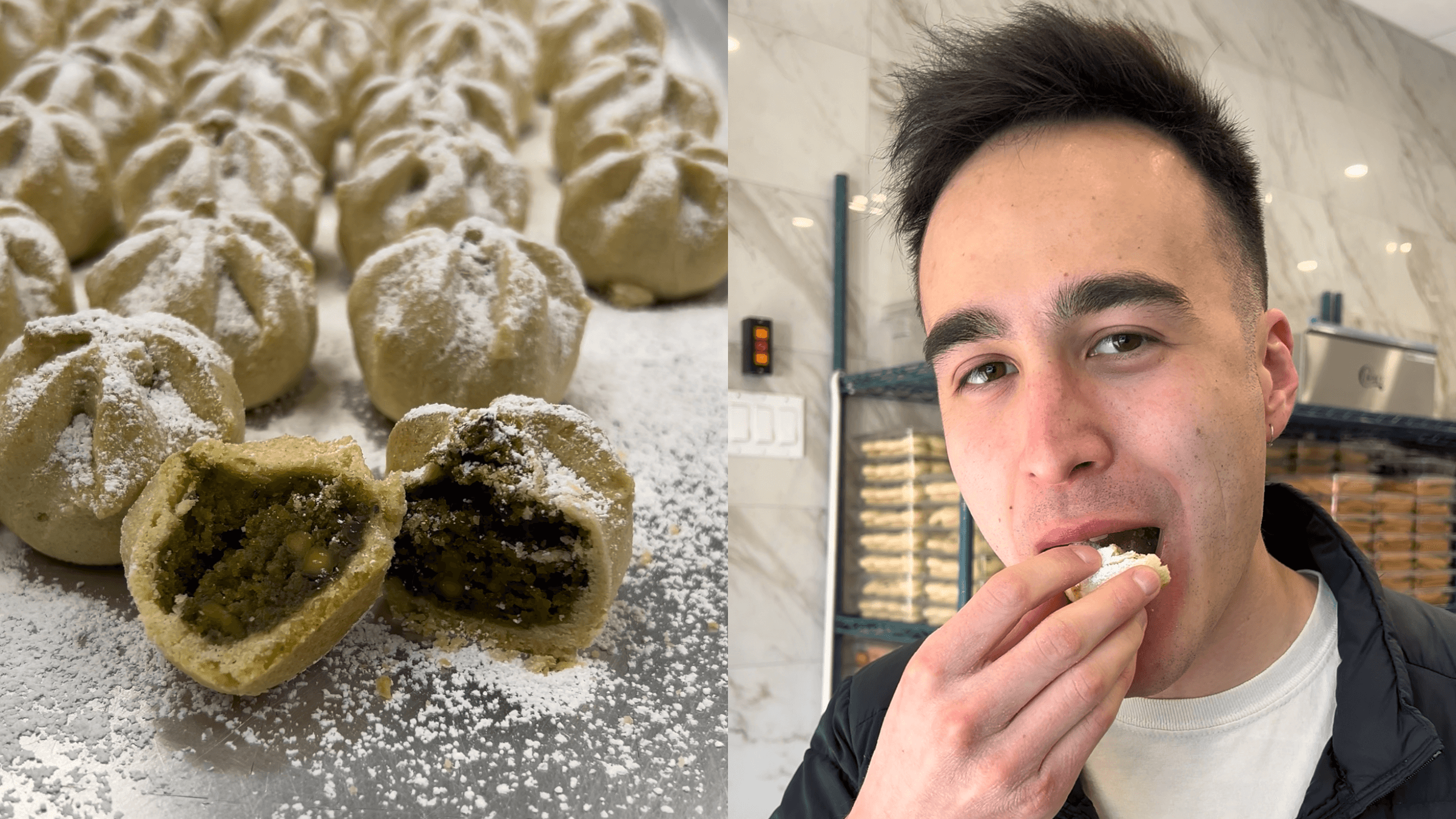 <i>Left</i>: Pistachio maamoul from Mansoura bakery. <i>Right</i>: <i>Forward</i> writer Sam Lin-Sommer eats a date maamoul.