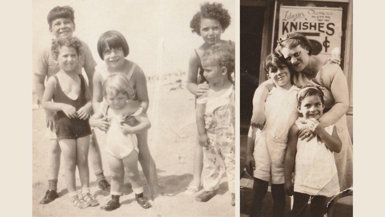 At left, Irene Weiser is the baby pictured with her siblings and cousins on the beach in Coney Island in the 1930s. At right, Irene’s mother Mollie smiles with her sister and brother, Bea and Morty, in front of the family’s store, “Litwin’s Famous Kosher Knishes.” (Courtesy Alex Weiser)