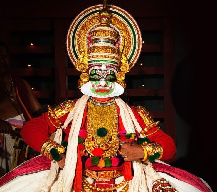 Kalamandalam John wearing the traditional makeup for Ravana, in which he will perform as the Pharoah.