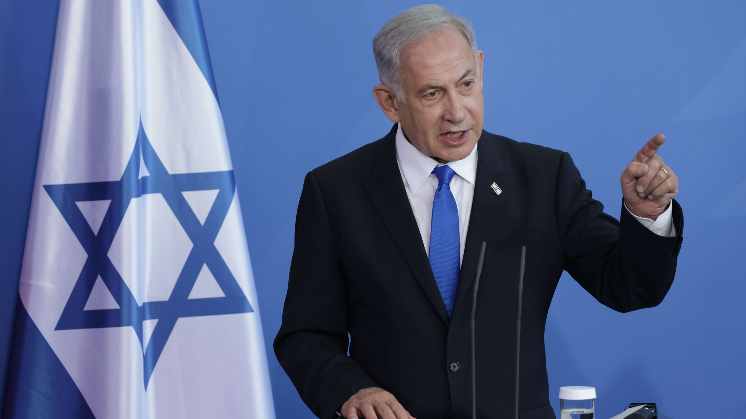 Israeli Prime Minister Benjamin Netanyahu speaks to the media, March 16, 2023, in Berlin, Germany. 