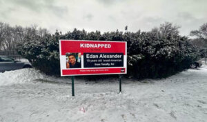 A billboard in Tenafly, NJ, showing hostage Edan Alexander.