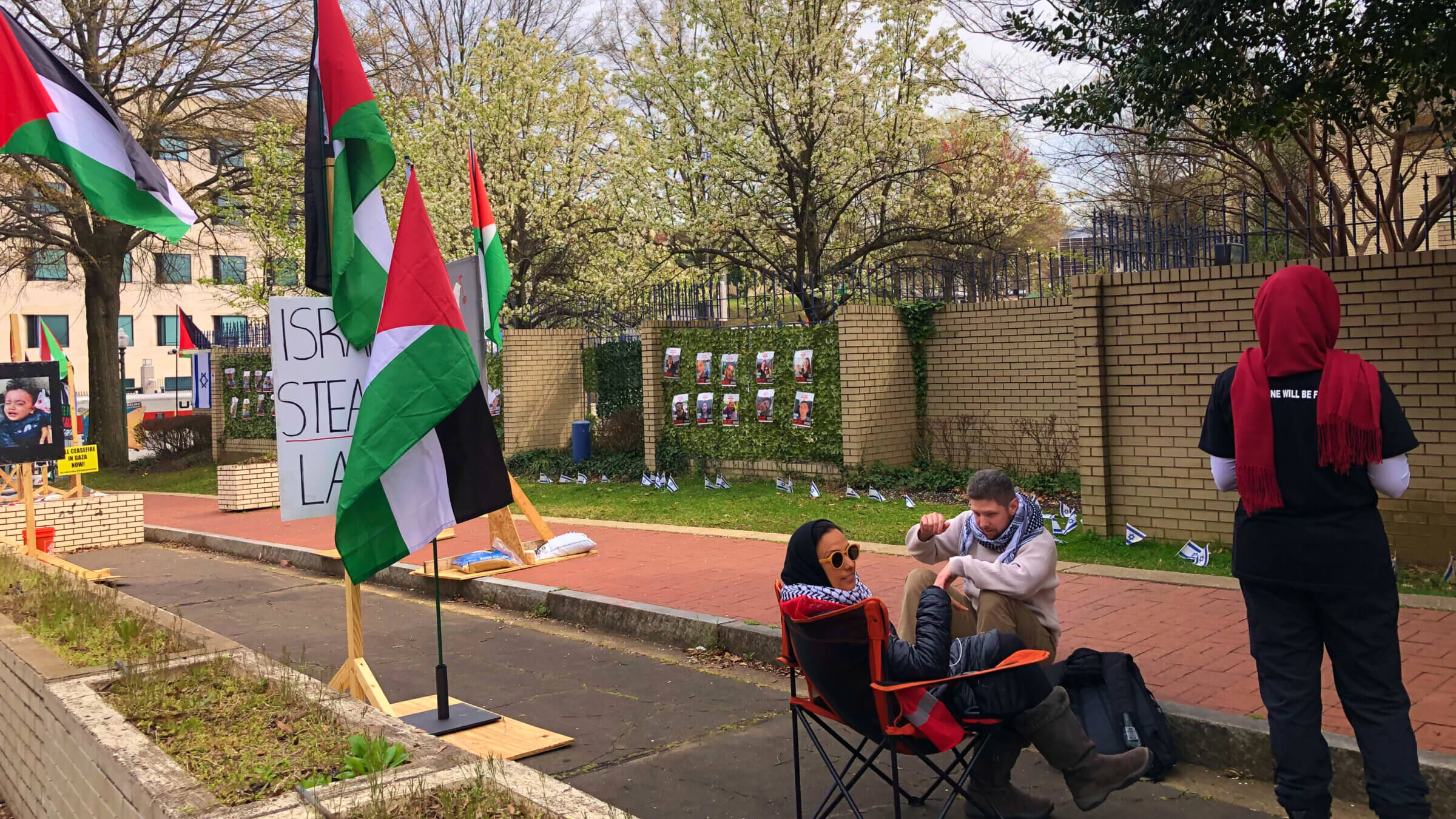 Protesters have maintained a constant presence outside the Israeli Embassy in Washington, D.C., for the past month. 