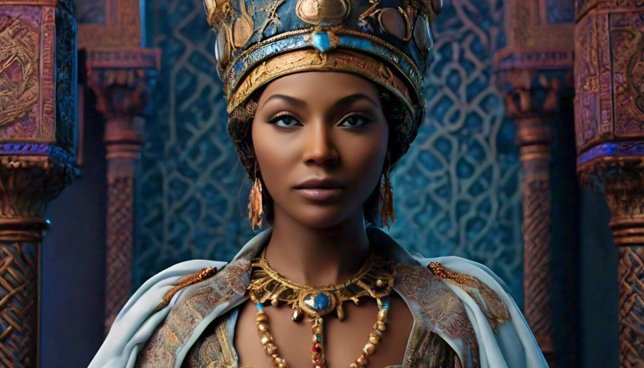 A computer-generated image of Queen Esther. The program created both light and dark skinned versions without prompting. 