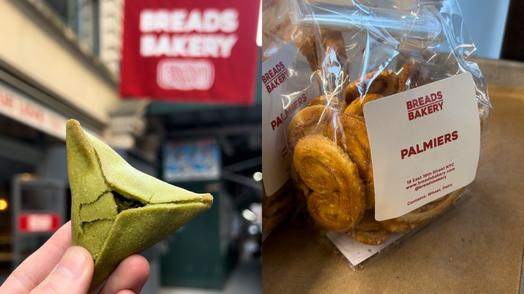 A collage of two photos: on the left, a green triangular hamantaschen cookie in front of a sign that says "breads bakery." On the right, a small plastic bag that says "palmiers" full of golden, spiral, ear-shaped cookies.