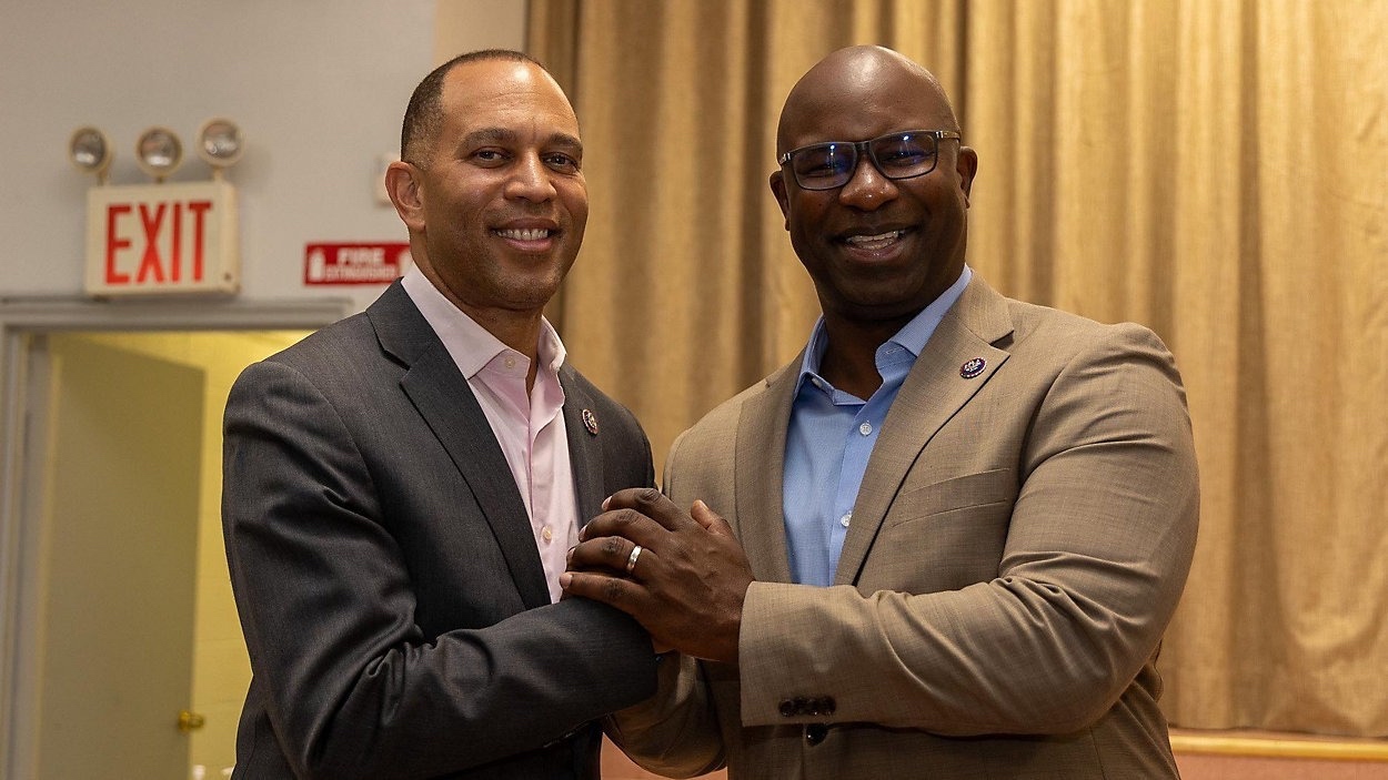 New York Democrat and House Minority Leader Rep. Hakeem Jeffries, left, with fellow New York Democrat Rep. Jamaal Bowman, right, in an undated photo. (Office of Jamaal Bowman)