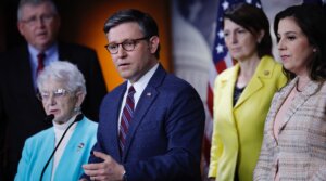 Speaker of the House Mike Johnson (a Louisiana Republican (center) leads a news conference with Republican committee chairs, including, left to right, House Science Committee Chair Frank Lucas of Oklahoma, House Committee on Education and the Workforce Virginia Foxx of North Carolina, House Energy and Commerce Committee Chair Cathy McMorris Rogers of Washington and Republican Conference Chair Elise Stefanik of New York, to decry pro-Palestinian protests at universities across the country at the U.S. Capitol Visitors Center, April 30, 2024. 