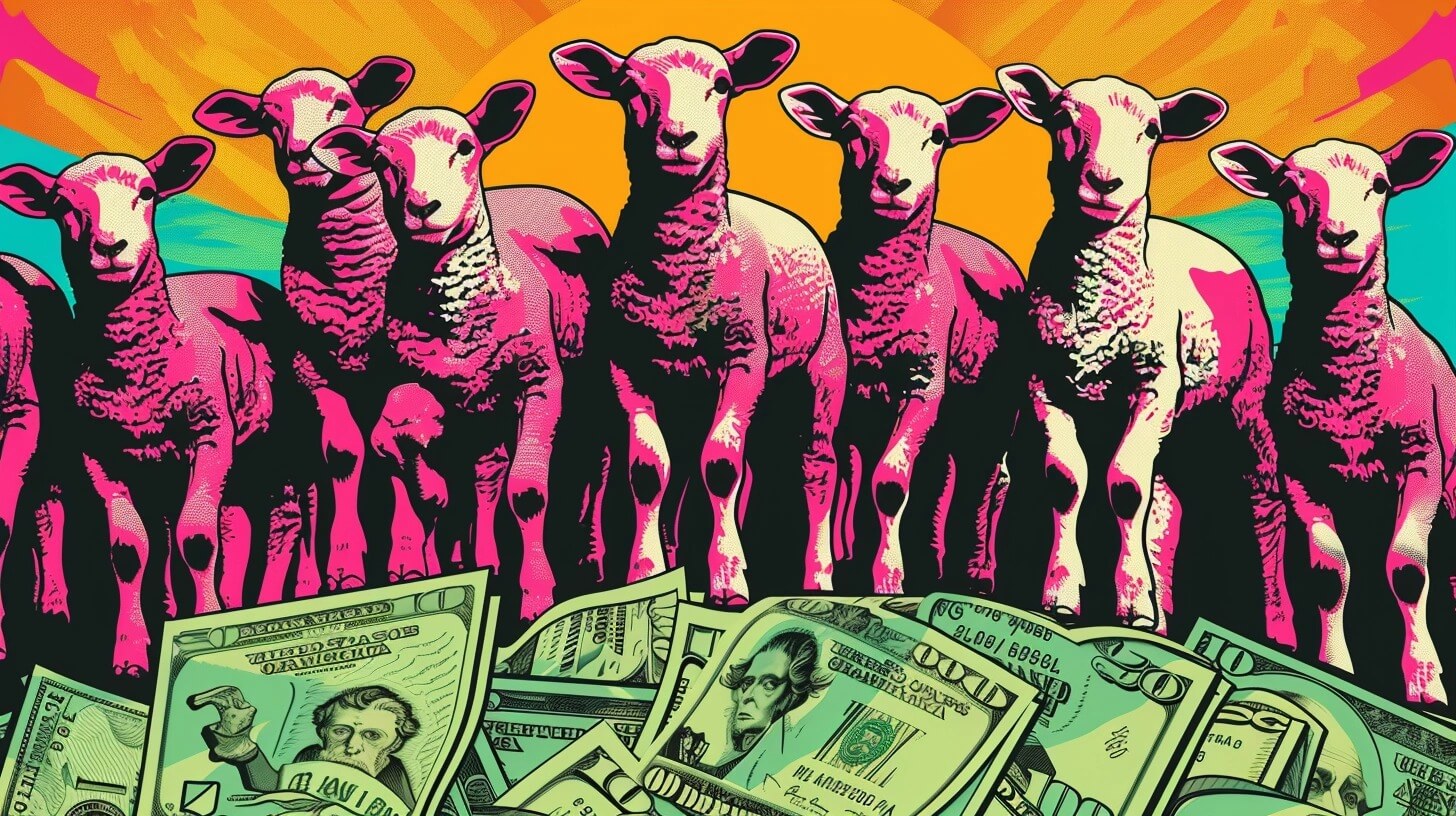 Lambs standing on a pile of cash.