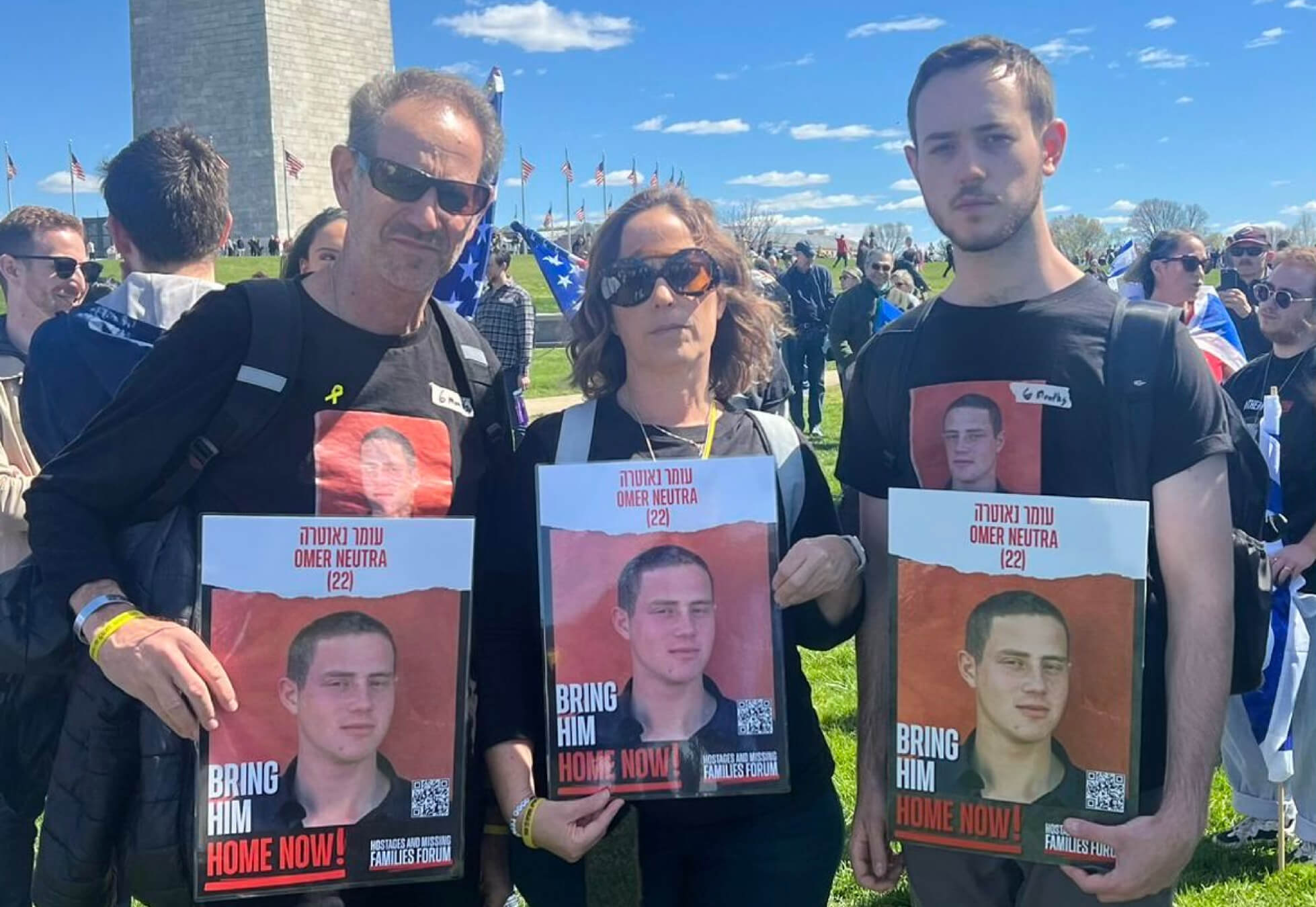 <i>From left</i>, Ronen, Orna and Daniel Neutra, the parents and younger brother of Omer Neutra, a hostage in Gaza. 