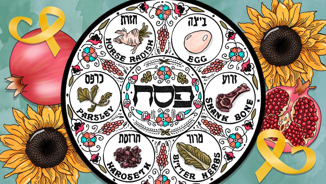 Pomegranates, flowers and yellow ribbons are among the new Passover ritual items some Jewish families are bringing to their seders this year. (Design by Mollie Suss)