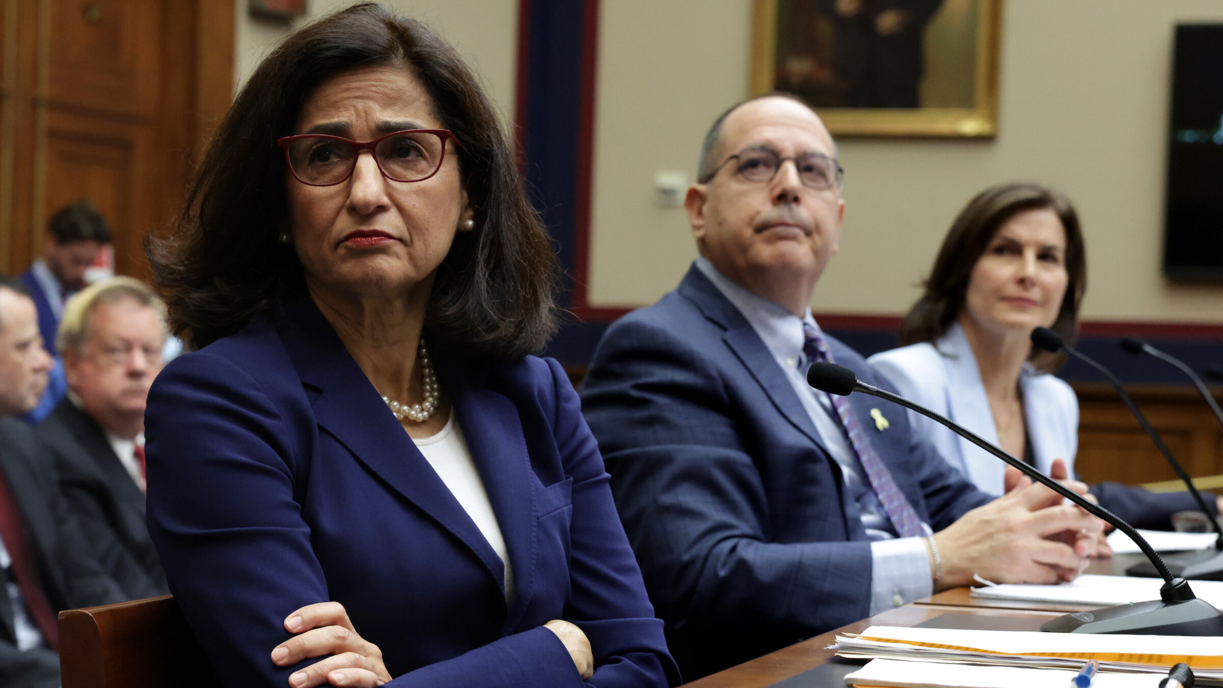 Columbia University officials, including President Nemat “Minouche” Shafik, Dean Emeritus David Schizer and Board of Trustees Co-Chair Claire Shipman, testify before the House Committee on Education & the Workforce, Washington, D.C.,  Apr. 17, 2024. 