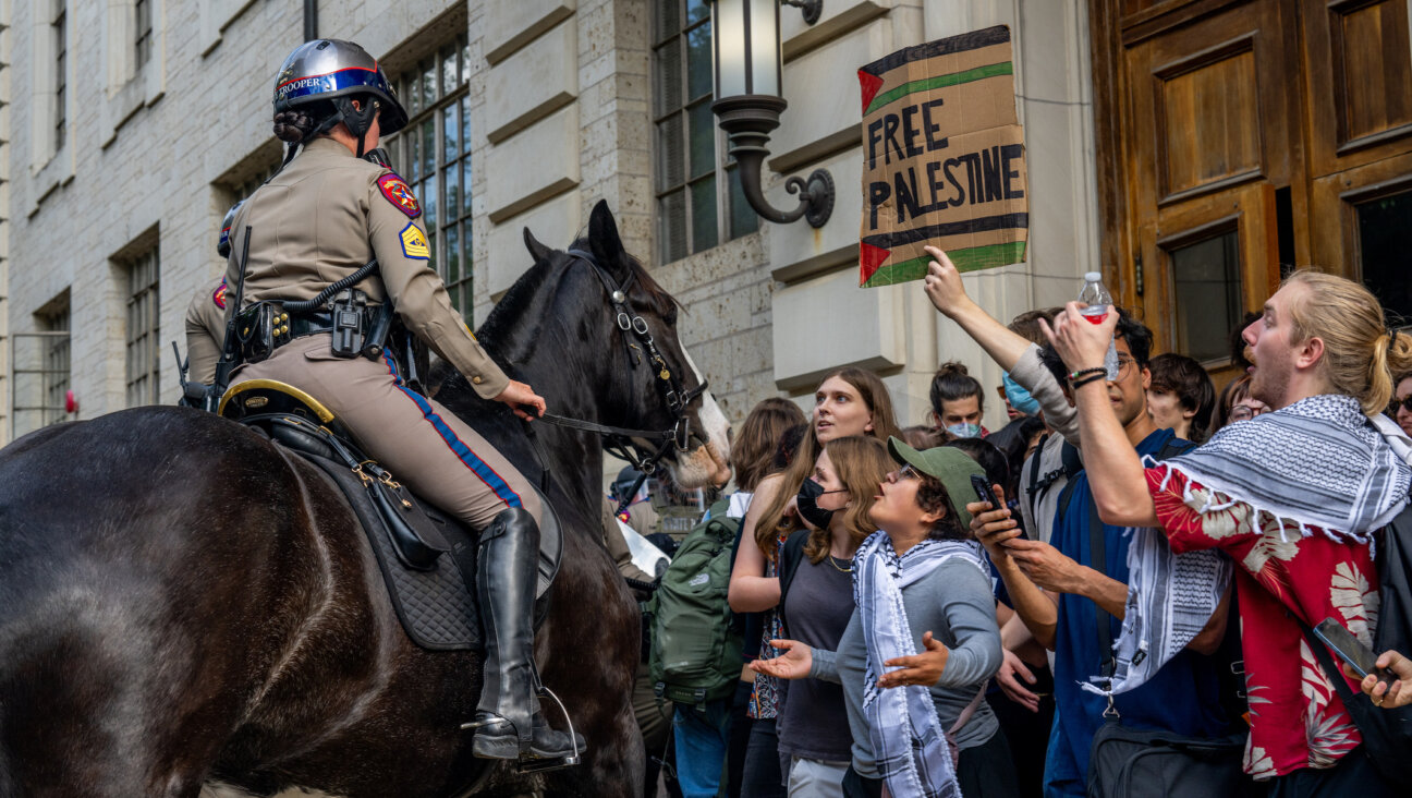 A police officer on horseback confronts pro-Palestinian protesters