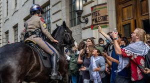 Mounted police work to contain demonstrators protesting the war in Gaza at the University of Texas at Austin on April 24, 2024 in Austin, Texas. Students walked out of class as protests continue to sweep college campuses around the country. (Brandon Bell/Getty Images)