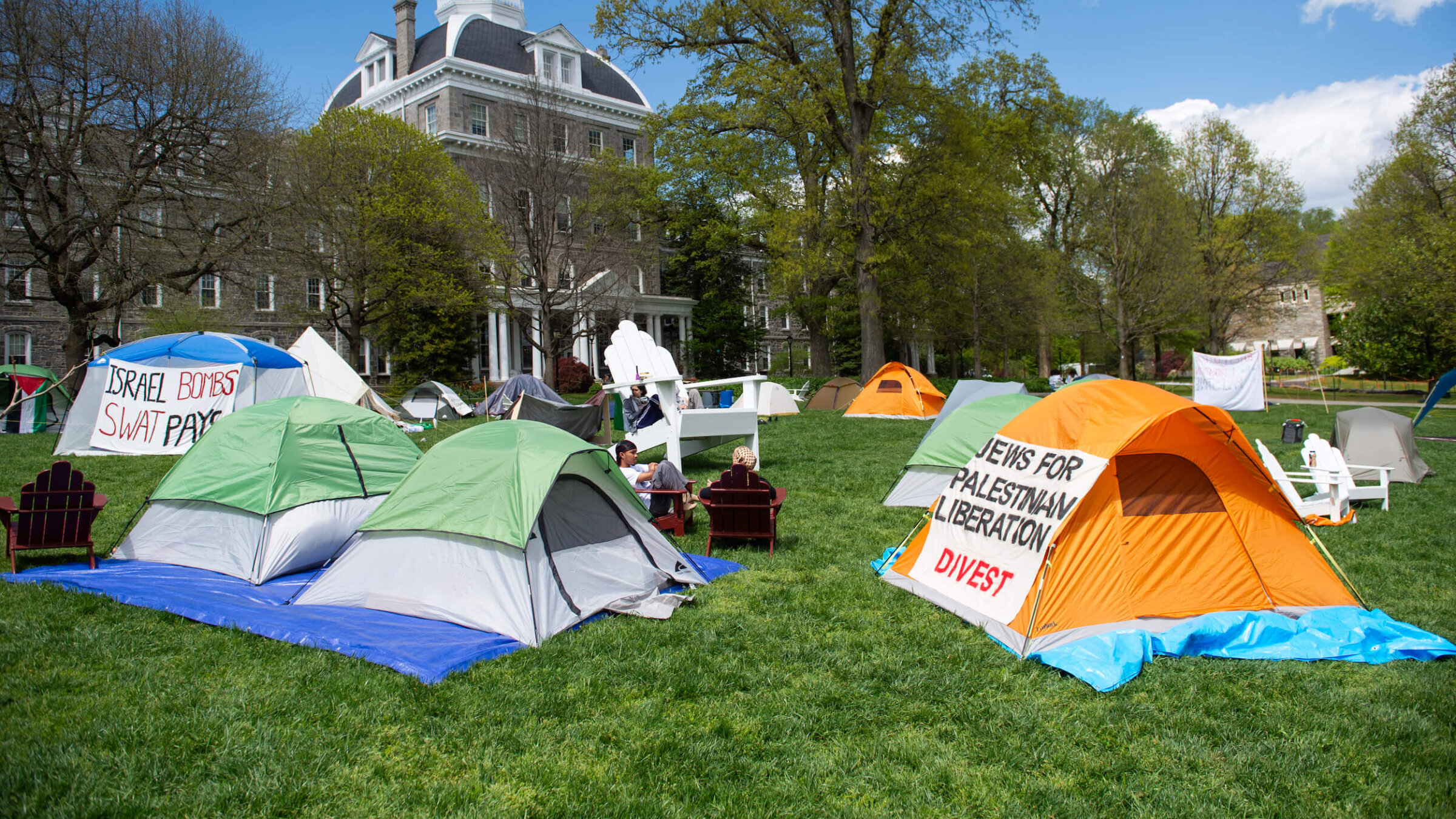 Demonstrators occupy a makeshift protest camp at Swarthmore College on April 24.