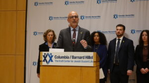 Ted Deutch, the head of the American Jewish Committee, speaks at Columbia’s center for Jewish life, April 26, 2024. (Luke Tress)
