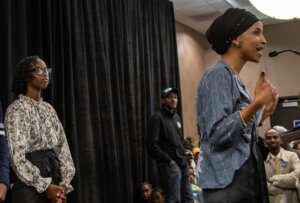 Rep. Ilhan Omar and her daughter Isra Hirsi at her victory speech on Nov, 6, 2018,