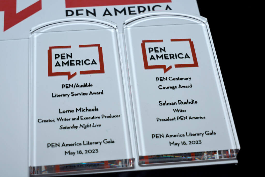 Prizes on display at last year's PEN America literary awards ceremony.