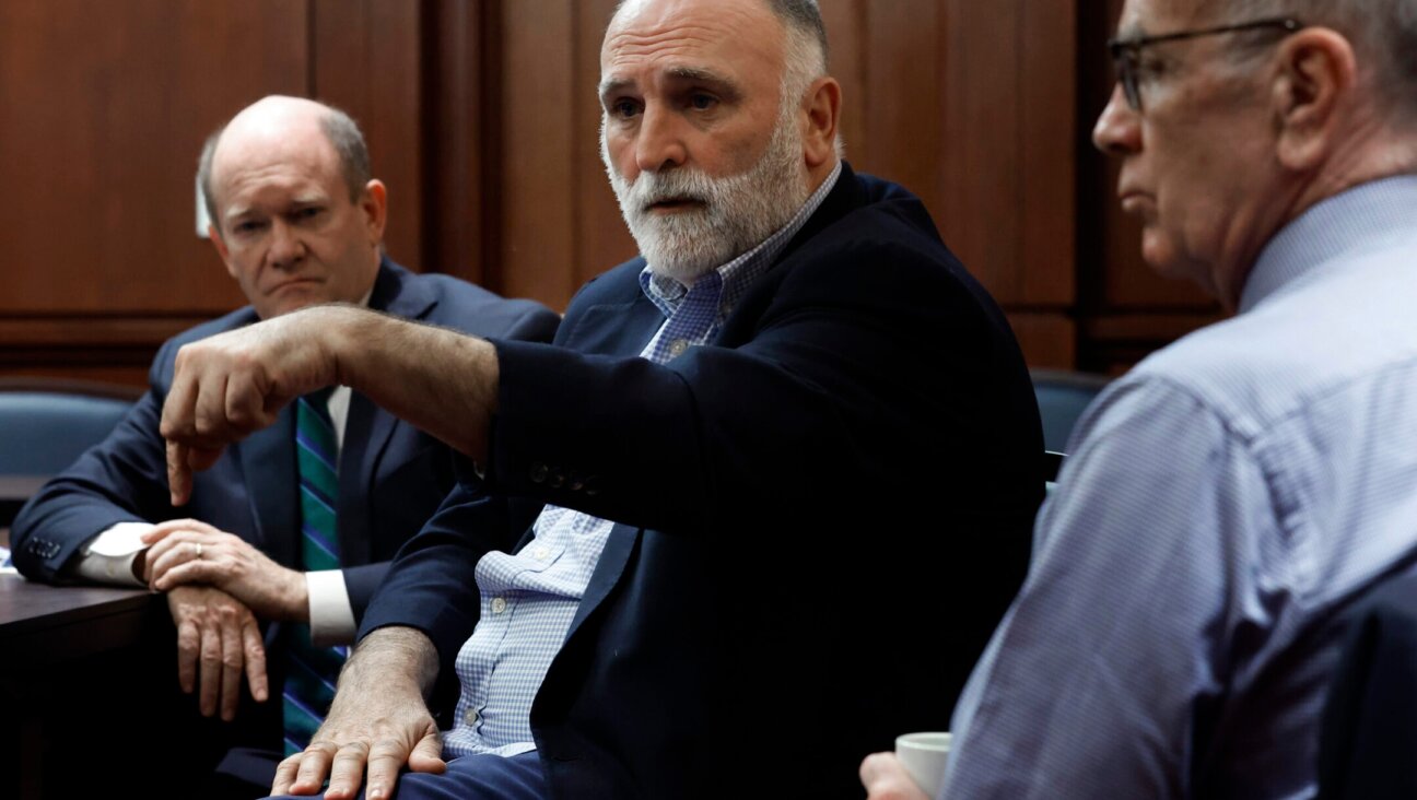 Celebrity chef and World Central Kitchen founder Jose Andres, center, joins Sen. Chris Coons and Sen. Peter Welch following a meeting about getting humanitarian aid to Gaza at the U.S. Capitol, March 14, 2024. (Chip Somodevilla/Getty Images)