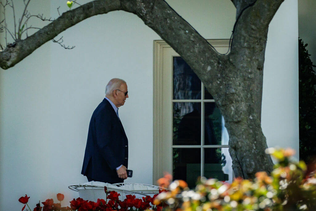 President Joe Biden arrives back at the White House on April 13, 2024. 
